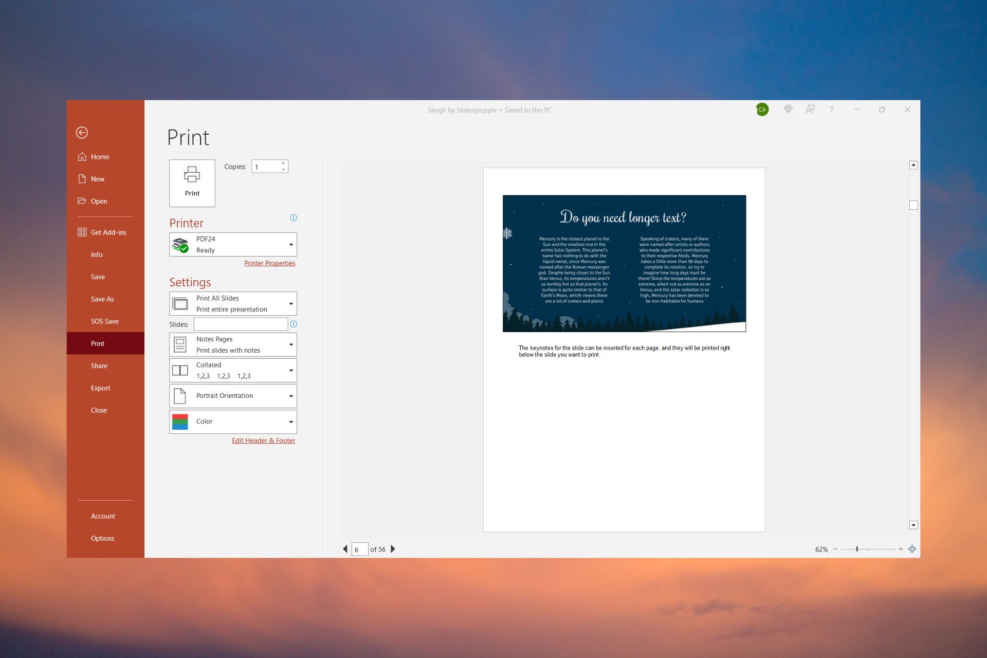 How to print PPT with notes in PowerPoint