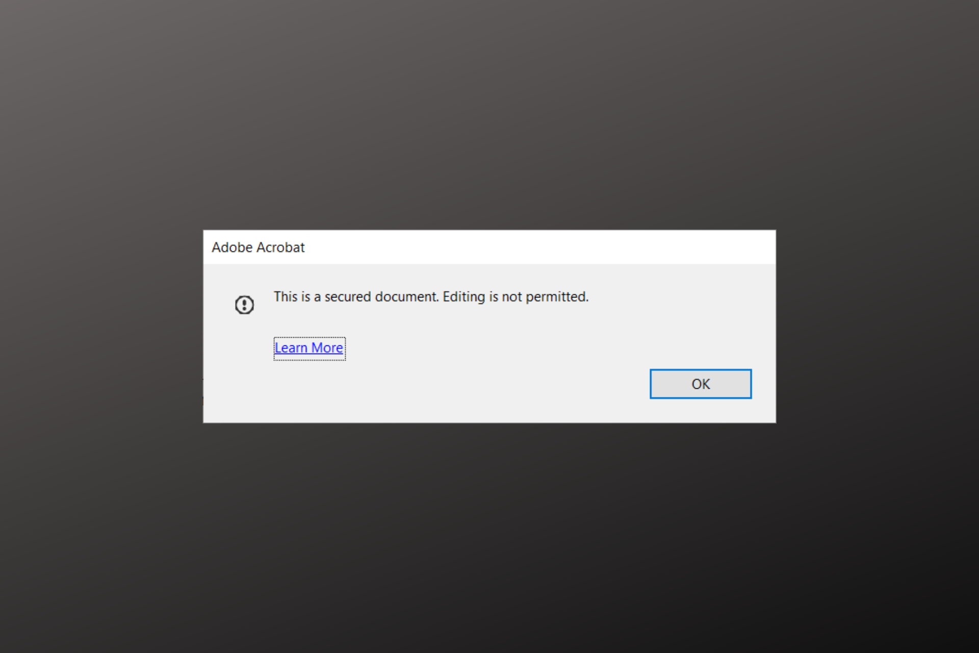 adobe acrobat error message for secured file