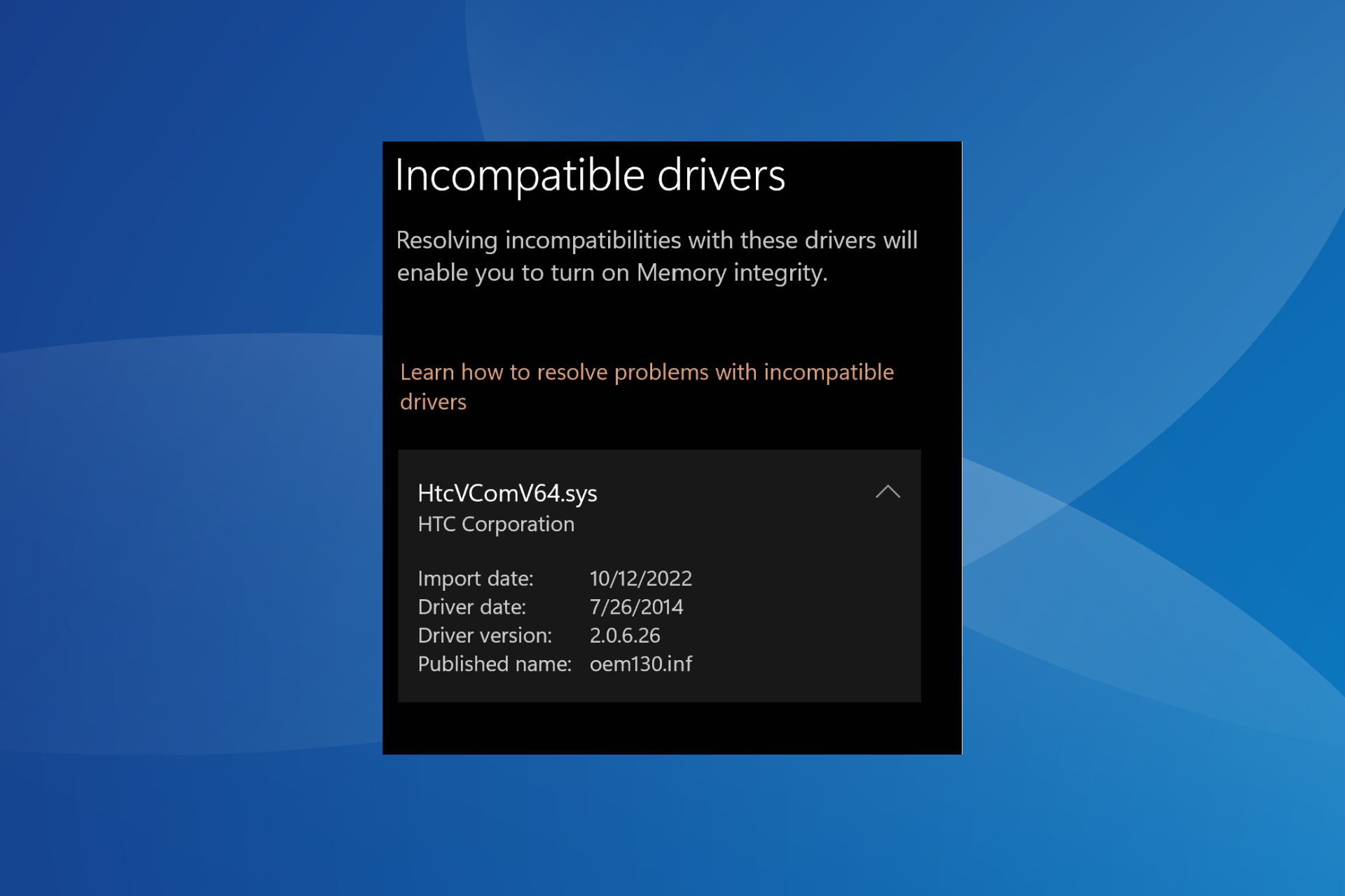 fix HtcVComV64.sys error